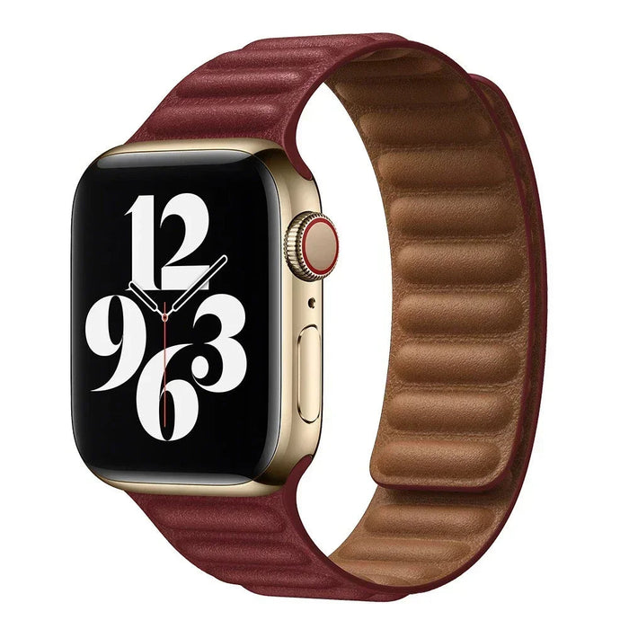 Wine Red Leather Link Magnetic Loop Apple Watch Band On Sale