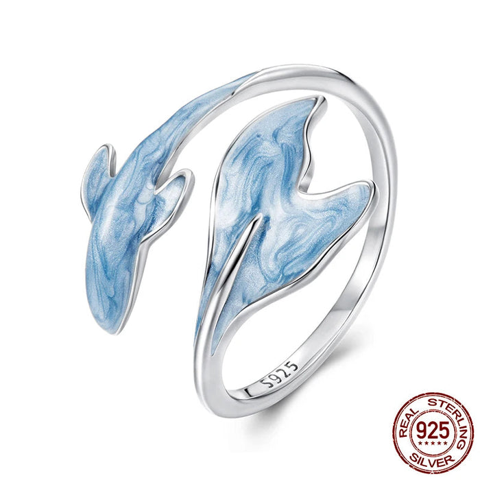 925 Sterling Silver White Gold Plated Enamel Whale Adjustable Ring On Sale
