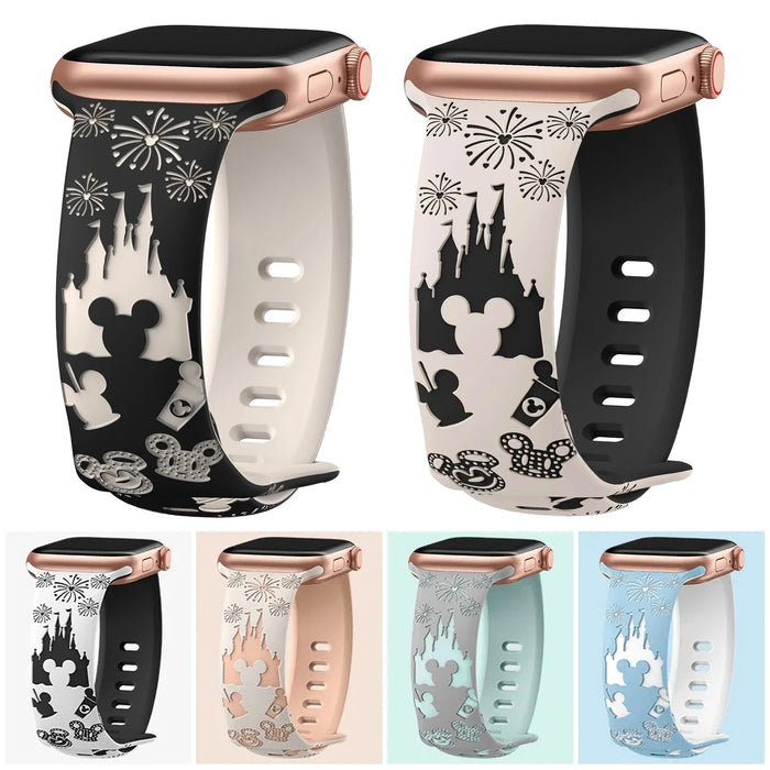 3D Dream Disney Mickey Mouse Castle Theme Design Engraved Silicone Apple Watch Band On Sale