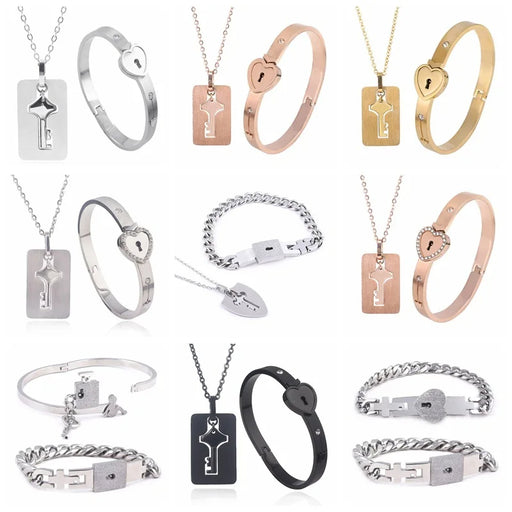 Concentric Lock Key Stainless Steel Couple Heart Bracelet and Necklace Sets On Sale