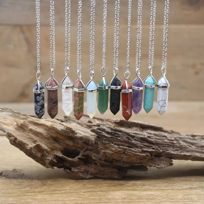 Natural Quartz Crystal Hexagonal Pillar Bullet Pendant Necklaces On Sale