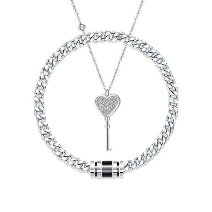 1 Pair Stainless Steel Heart Key Pendant Couple Bracelet Necklace Set