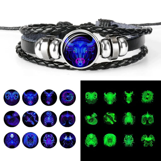 12 Zodiac Luminous Leather Bracelet For Men and Women On Sale