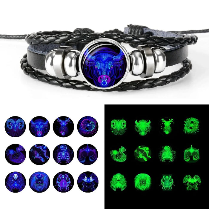 12 Zodiac Luminous Leather Bracelet For Men and Women On Sale