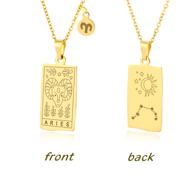 Gold Aries Zodiac Sign Stainless Steel Pendant Necklace – Tarot Card Style Constellation Necklace for Women On Sale
