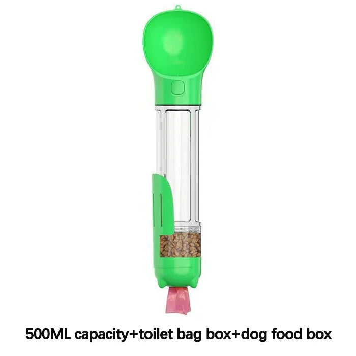 4-In-1 Multifunctional 500ML Green Pet Water Bottle With Food Feeder, Waste Bag, And Poop Shovel On Sale