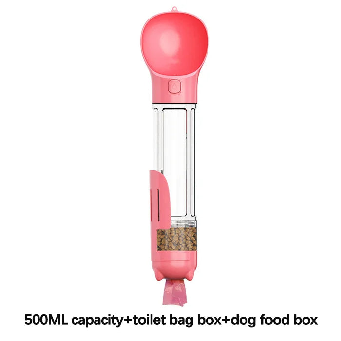 4-In-1 Multifunctional 500ML Pink Pet Water Bottle With Food Feeder, Waste Bag, And Poop Shovel On Sale