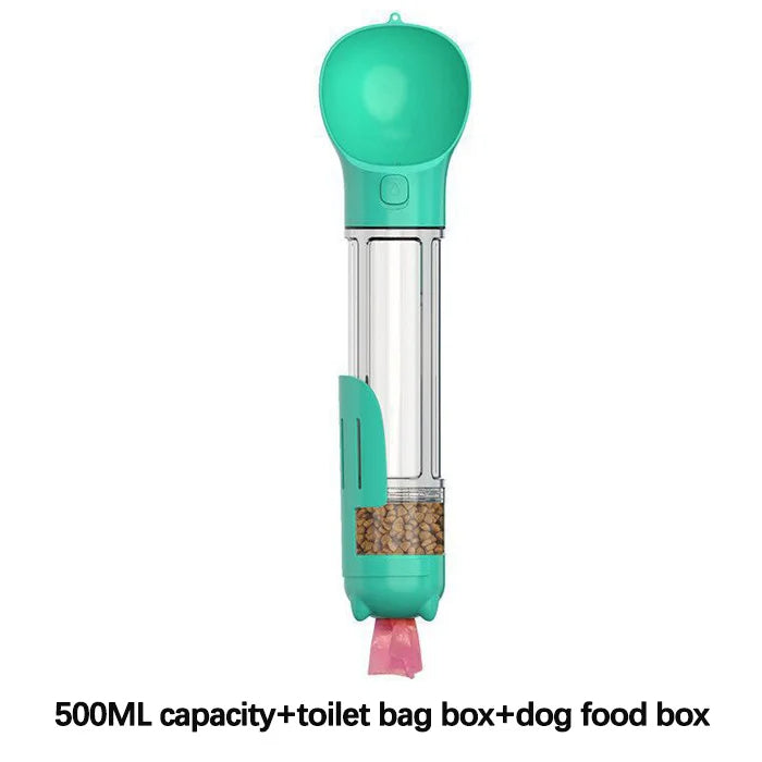 4-In-1 Multifunctional 500ML Turquoise Pet Water Bottle With Food Feeder, Waste Bag, And Poop Shovel On Sale