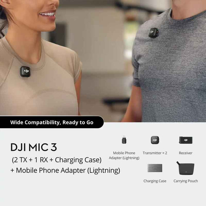 DJI Mic Mini 3 (2 TX 1 RX, Charging Case, Lightning Mobile Phone Adapter) Wireless Microphone System with Dual Transmitters, Noise Reduction, 32-Bit Float Recording, 400m Transmission, and Optional Charging Case On Sale