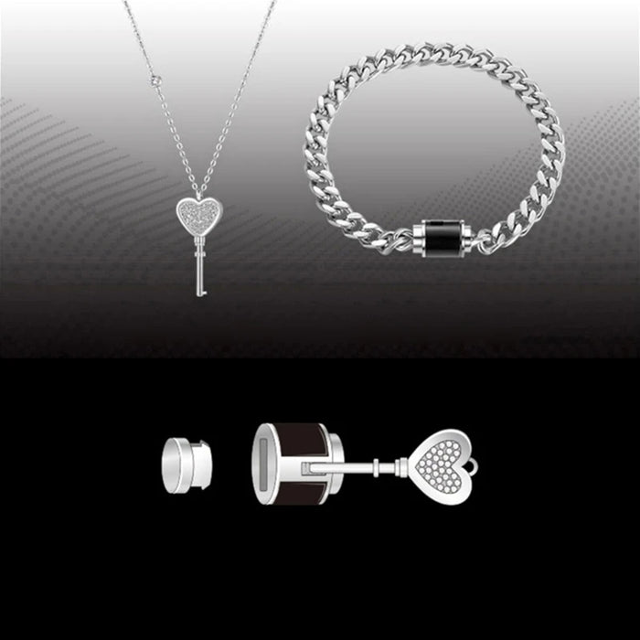 1 Pair Stainless Steel Heart Key Pendant Couple Bracelet Necklace Set