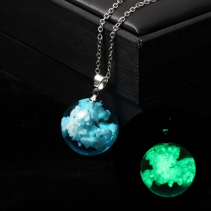 The Cloudy Blue Sky Luminous Resin Globe Pendant Necklace On Sale