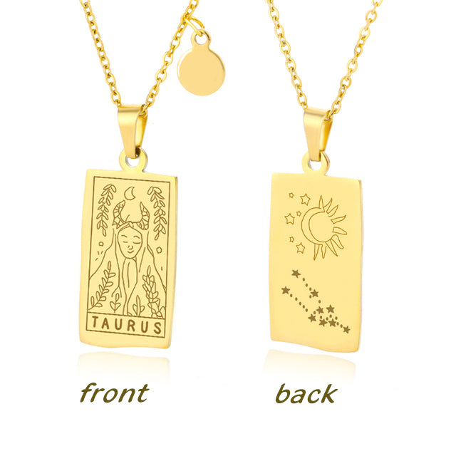 Gold Taurus Zodiac Sign Stainless Steel Pendant Necklace – Tarot Card Style Constellation Necklace for Women On Sale