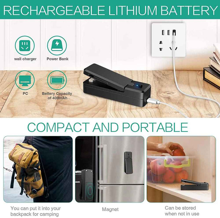 Rechargeable 2-in-1 Mini Snack Bag Heat Sealing Machine With Bag Cutter And Fridge Magnet