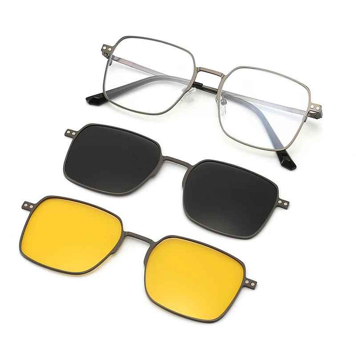 3 in 1 Lightweight Metallic Gray Frame Eyeglasses With Magnetic Clip Polarized Sunglasses Set On Sale