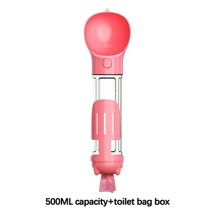 4-In-1 Multifunctional 500ML Pink Pet Water Bottle With Food Feeder, Waste Bag, And Poop Shovel On Sale