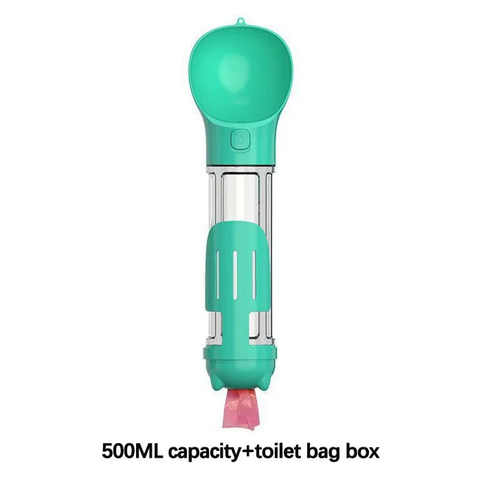 4-In-1 Multifunctional 500ML Turquoise Pet Water Bottle With Food Feeder, Waste Bag, And Poop Shovel On Sale