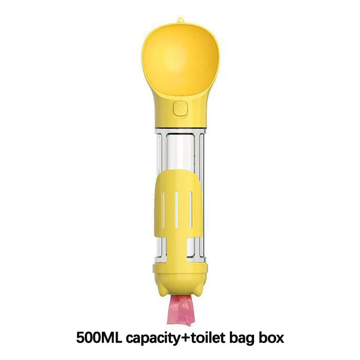 4-In-1 Multifunctional 500ML Yellow Pet Water Bottle With Food Feeder, Waste Bag, And Poop Shovel On Sale