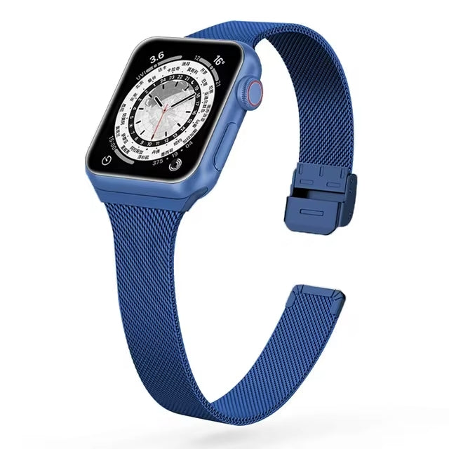 Blue Slim Stainless Steel Mesh Adjustable Watch Band for Apple Watch Series 10, 9, 8, 7, SE, 6, 5, 4, 3 and Ultra On Sale
