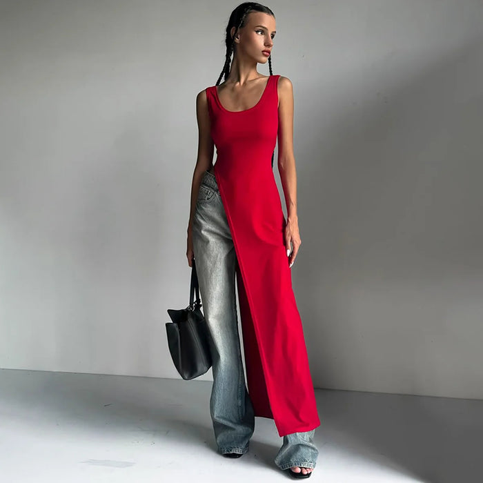 Women's Fitted High Irregular Side Slit Scoop Neck Tank Black Long Maxi Red Dress On Sale