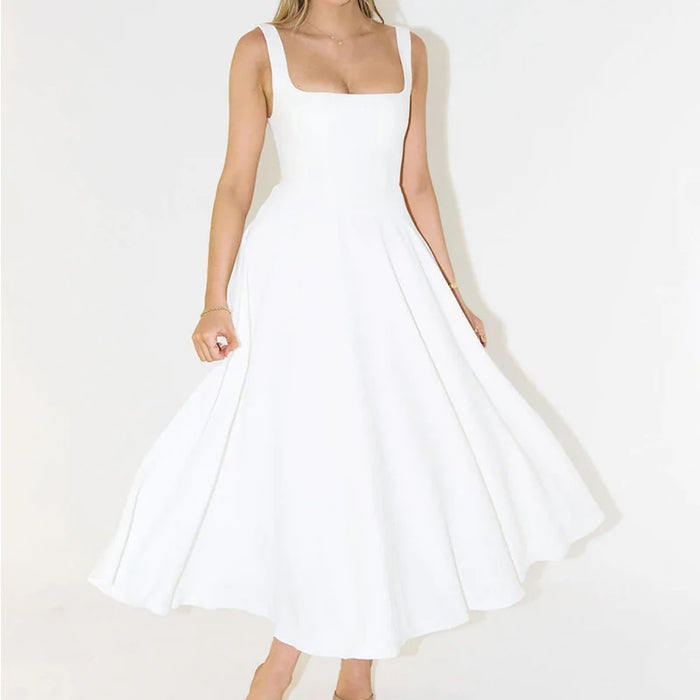 Elegant High-Waisted Squared Neckline Sleeveless A-line Sling Maxi White Dress On Sale