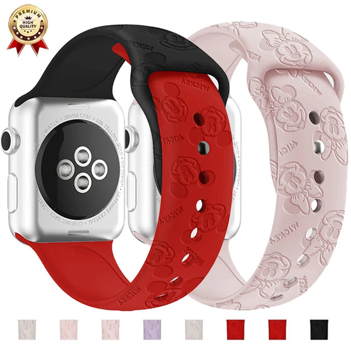 3D Engraved Cartoon Mouse Theme Design Silicone Watch Band Compatible With Apple Watch On Sale