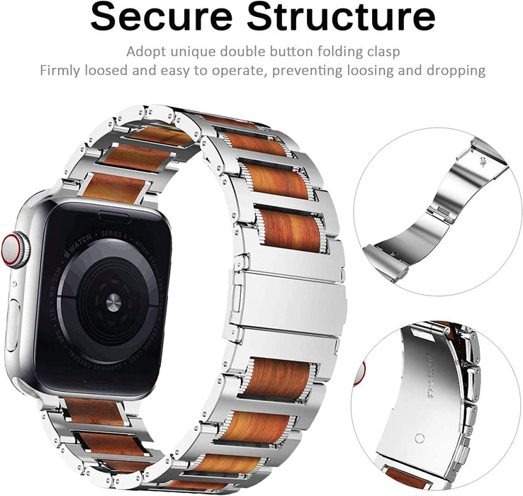 Top 316L Stainless Steel Metal And Natural Red Sandalwood Watch Band For Apple Watch Series On Sale