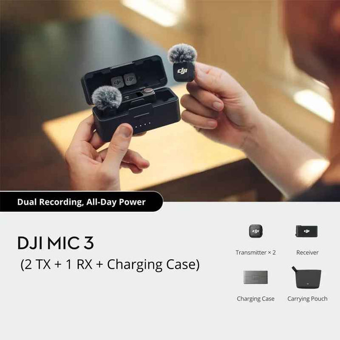 DJI Mic Mini 3 (2 TX 1 RX, Charging Case) Wireless Microphone System with Dual Transmitters, Noise Reduction, 32-Bit Float Recording, 400m Transmission, and Optional Charging Case On Sale