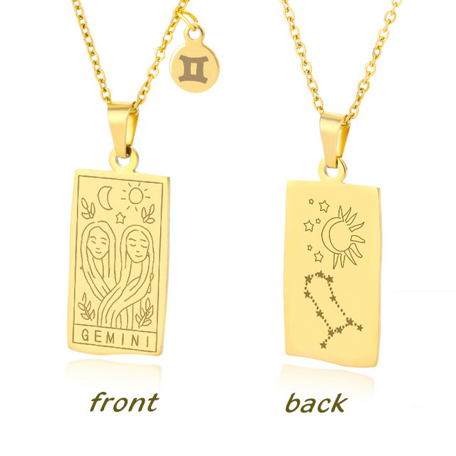 Gold Gemini Zodiac Sign Stainless Steel Pendant Necklace – Tarot Card Style Constellation Necklace for Women On Sale