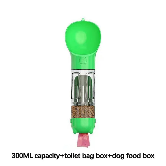 4-In-1 Multifunctional 300ML Green Pet Water Bottle With Food Feeder, Waste Bag, And Poop Shovel On Sale