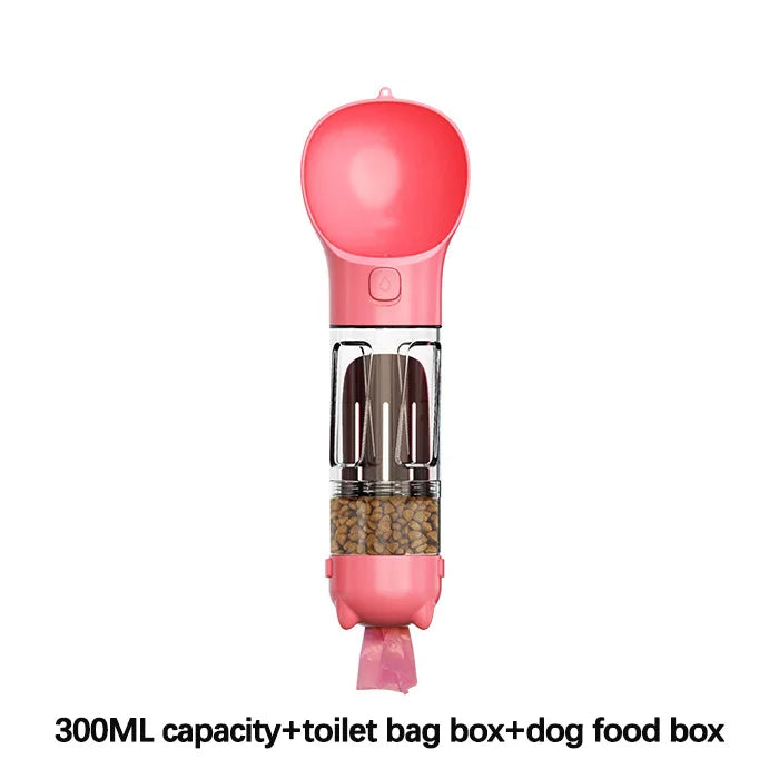 4-In-1 Multifunctional 300ML Pink Pet Water Bottle With Food Feeder, Waste Bag, And Poop Shovel On Sale
