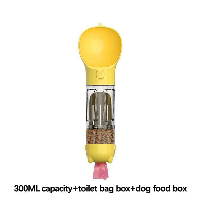 4-In-1 Multifunctional 300ML Yellow Pet Water Bottle With Food Feeder, Waste Bag, And Poop Shovel On Sale