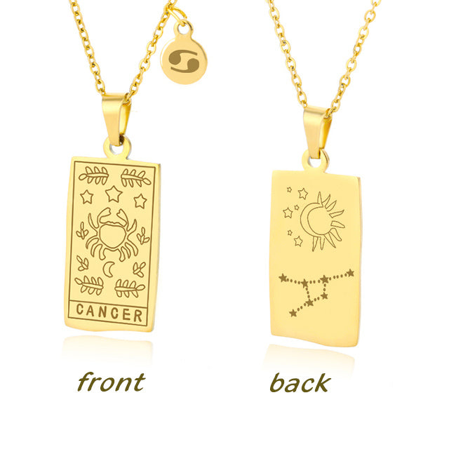 Gold Cancer Zodiac Sign Stainless Steel Pendant Necklace – Tarot Card Style Constellation Necklace for Women On Sale