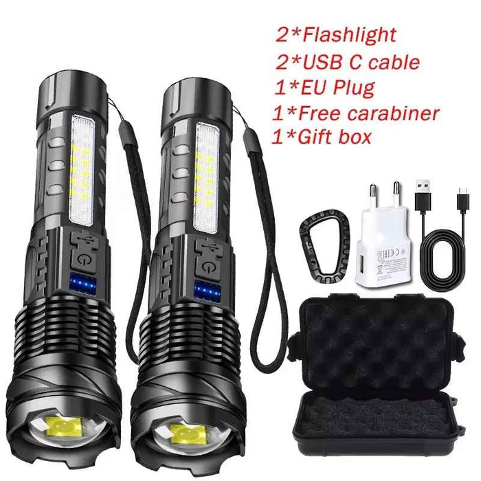 LED Zoomable Handheld Flashlight For Outdoors - Set With 2 Flashlight, 2 USB C Cable, 1 EU Plug, 1 Free Carabiner, 1 Box On Sale