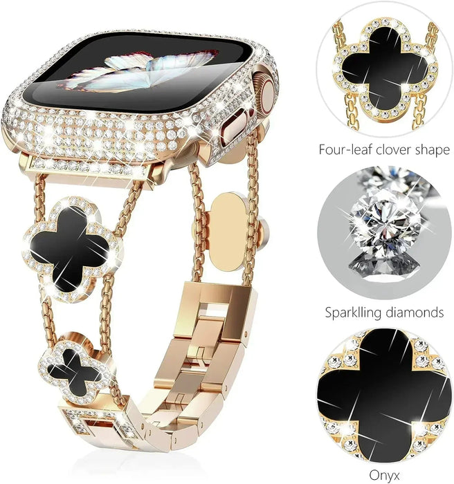 Cloverleaf Diamond Women Stainless Steel Apple Watch Bracelet For Ultra, 49mm, 46mm, 45mm, 44mm, 42mm, 41mm, 40mm, 38mm On Sale