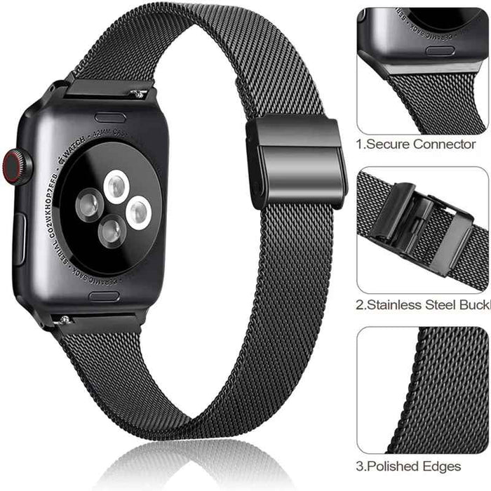 Black Slim Stainless Steel Mesh Adjustable Watch Band for Apple Watch Series 11, 10, 9, 8, 7, SE, 6, 5, 4, 3 and Ultra On Sale