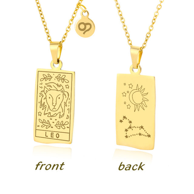 Gold Leo Zodiac Sign Stainless Steel Pendant Necklace – Tarot Card Style Constellation Necklace for Women On Sale