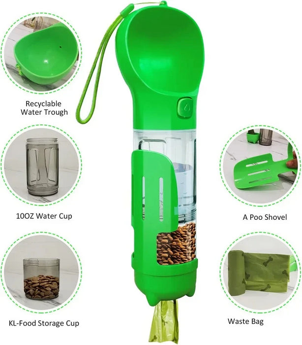 Multifunctional Pet Water Bottle With Food Feeder, Waste Bag, And Poop Shovel On Sale