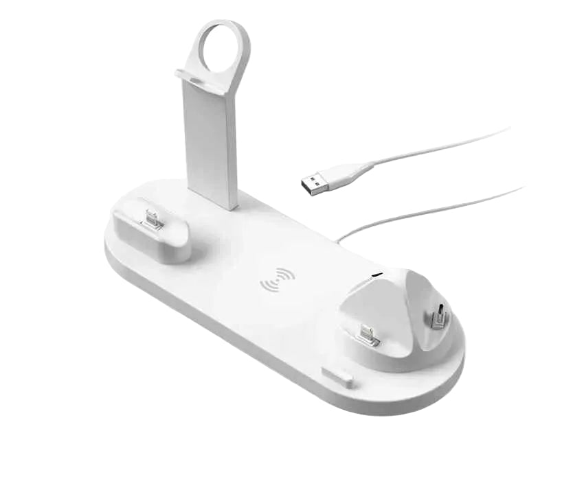 White Qi-compatible Multi-device Wireless Charging Station With Smartphone, Smartwatch Holder and Earbud Charging Support On Sale