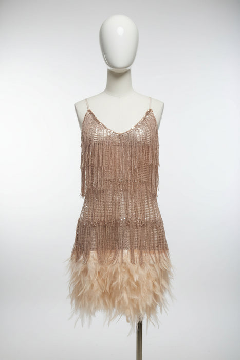Champagne Spaghetti Strap Tassel Sequins Feather Fringe Mini Dress On Sale