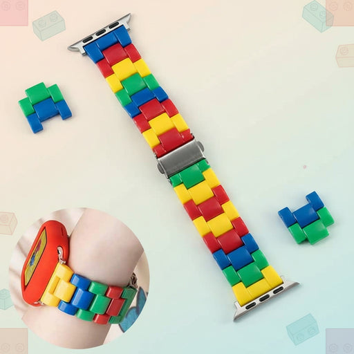 Colourful brick-style resin watch band with matching protective case compatible with Apple Watch 38mm–49mm on sale