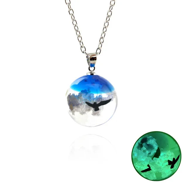 Birds Fly In The Cloudy Sky Luminous Resin Globe Pendant Necklace On Sale