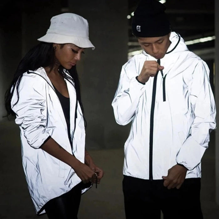 Reflective Unisex Hip-hop Style Motorcycle Hooded Windbreaker Jacket On Sale