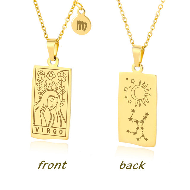 Gold Virgo Zodiac Sign Stainless Steel Pendant Necklace – Tarot Card Style Constellation Necklace for Women On Sale