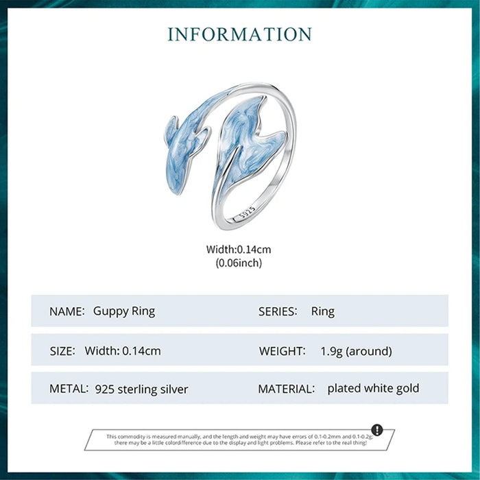 925 Sterling Silver White Gold Plated Enamel Whale Adjustable Ring On Sale
