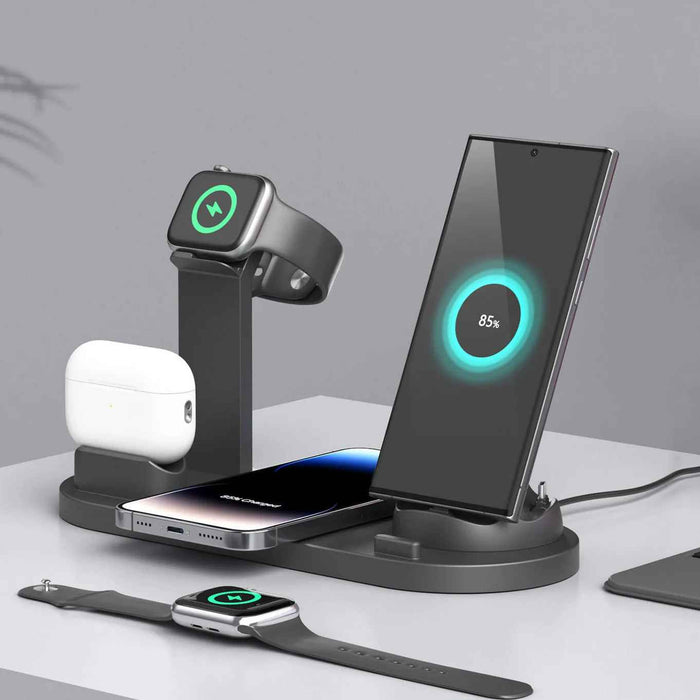 Black Qi-compatible Multi-device Wireless Charging Station With Smartphone, Smartwatch Holder and Earbud Charging Support On Sale