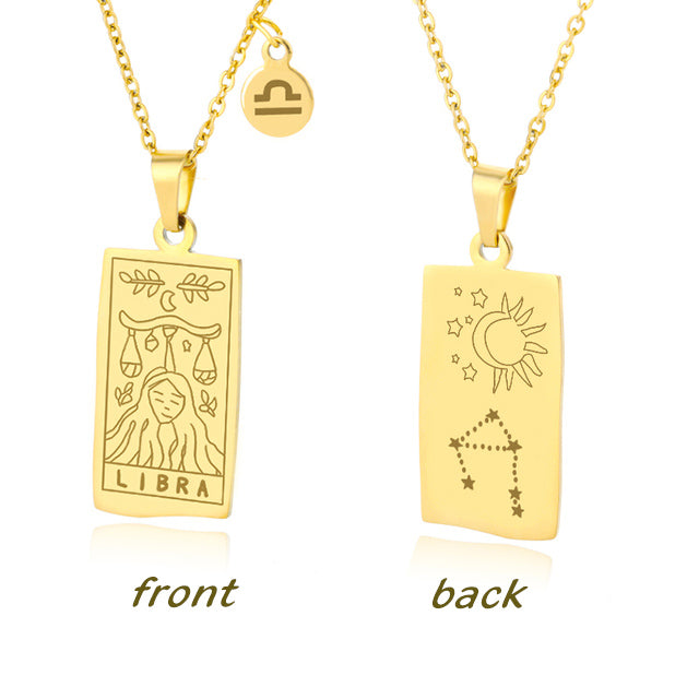 Gold Libra Zodiac Sign Stainless Steel Pendant Necklace – Tarot Card Style Constellation Necklace for Women On Sale