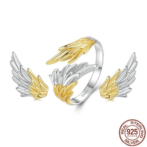 925 Sterling Silver 14K Gold Plated Two-tone Angel's Wings Ring And Stud Earrings Jewelry Set Collection On Sale