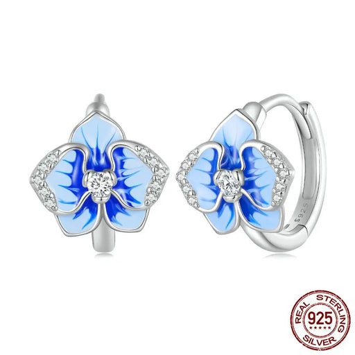925 Sterling Silver Blue Enamel Butterfly Orchid Hoop Earrings On Sale