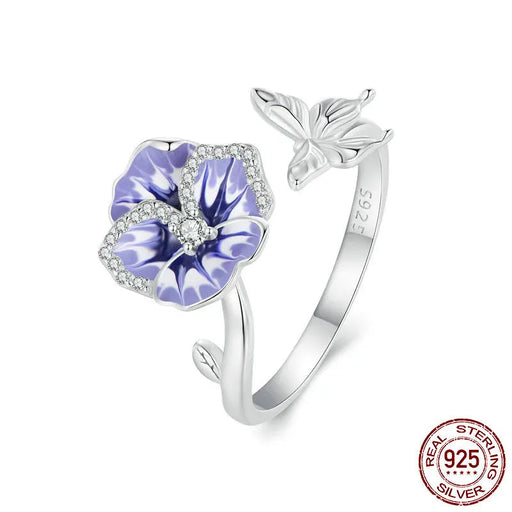 925 Sterling Silver Butterfly And Purple Pansy Flower Open Rings On Sale