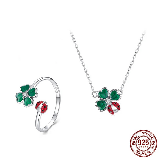 925 Sterling Silver Green Lucky Cloverleaf And Ladybug Earrings Jewelry Set On Sale
